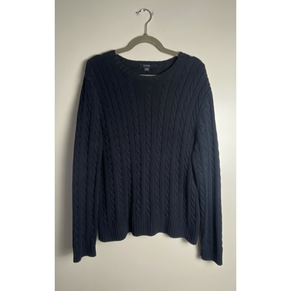 J. CREW Men's 100% Cotton Cable Knit Crew Neck Sweater Navy Classic Preppy Sz L